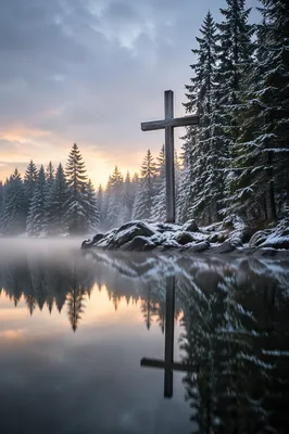 Wooden Cross Reflected in Winter Pond