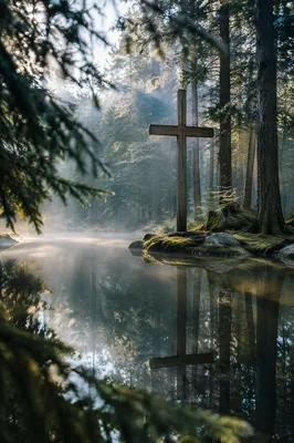 Wooden Cross Reflected in Evergreen Pond