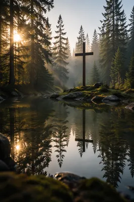 Wooden Cross Reflected in Evergreen Pond