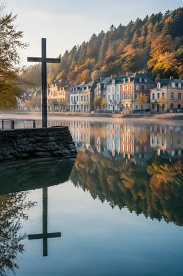 Wooden Cross Reflected in Serene Lakeside Water