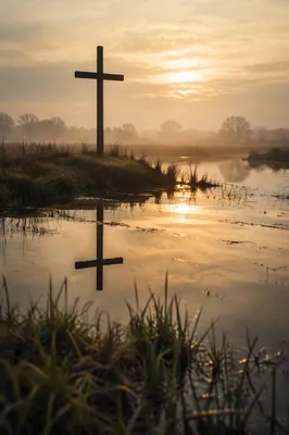 Wooden Cross Reflected in Dawn Wetland