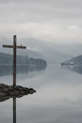 Wooden Cross Reflected in Misty Lake