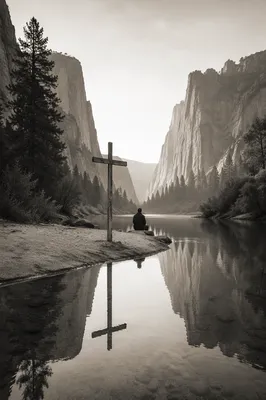 Weathered Cross Reflected in Canyon River
