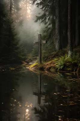 Wooden Cross Reflected in Forest Pond