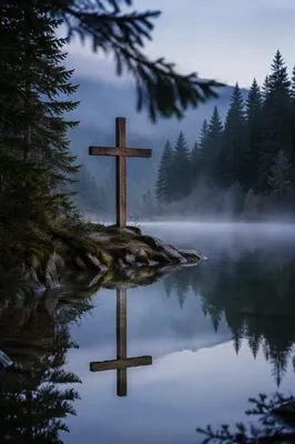 Wooden Cross Reflected in Forest Pond