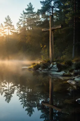 Wooden Cross Reflected in Forest Pond