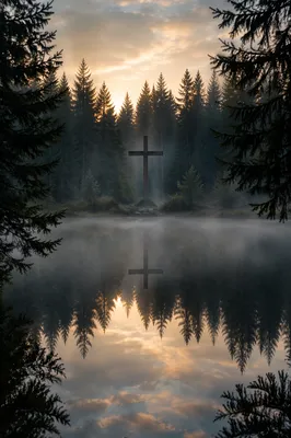 Wooden Cross Reflected in Evergreen Pond