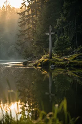 Wooden Cross Reflected in Evergreen Pond