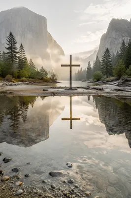 Wooden Cross Reflected in Mountain Waters