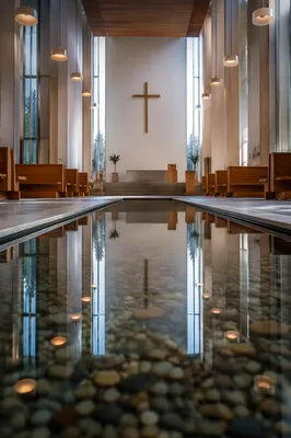 Wooden Cross Reflected in Chapel Water