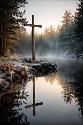 Wooden Cross Reflected in Evergreen Pond