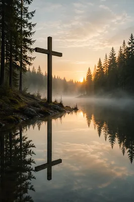 Wooden Cross Reflected in Misty Forest Pond
