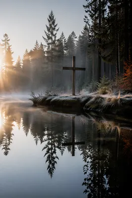 Wooden Cross Reflected in Evergreen Pond