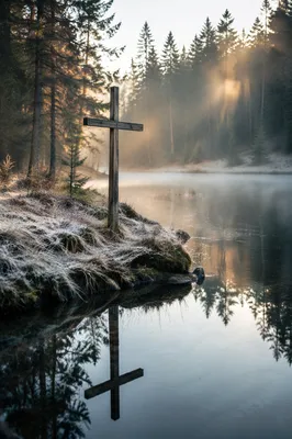 Weathered Cross Reflected in Evergreen Pond