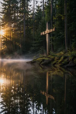Wooden Cross Reflected in Forest Pond