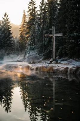 Wooden Cross Reflected in Winter Pond