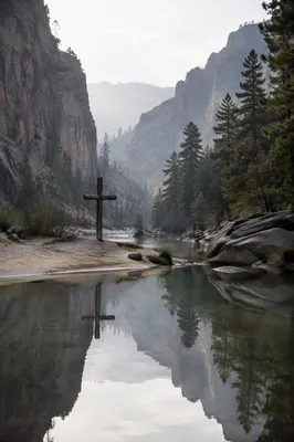 Wooden Cross Reflected in Canyon Water