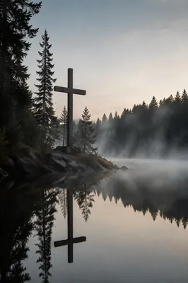 Wooden Cross Reflected in Still Lake