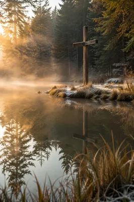 Wooden Cross Reflected in Frosty Forest Pond