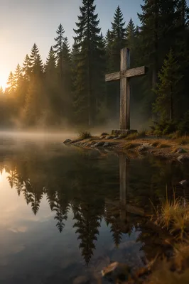 Weathered Cross Reflected in Misty Forest Pond