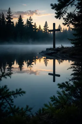 Wooden Cross Reflected in Forest Pond