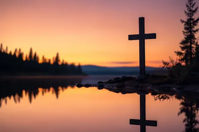 Reflected Cross at Peaceful Evergreen Lake