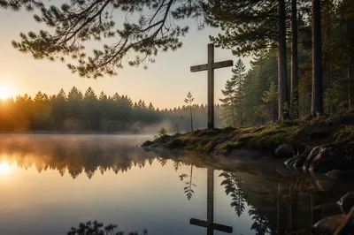 Wooden Cross Reflected in Evergreen Pond
