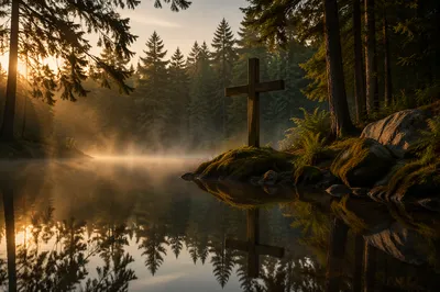 Wooden Cross Reflected in Evergreen Pond