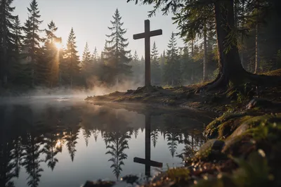 Wooden Cross Reflected in Forest Pond