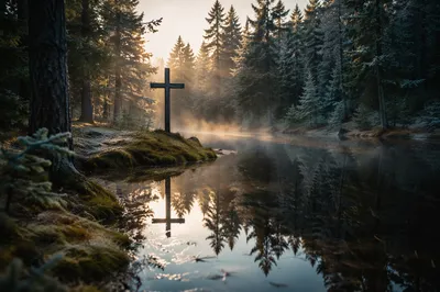Weathered Cross Reflected in Quiet Evergreen Pond