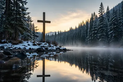 Wooden Cross Reflected in Winter Forest Pond