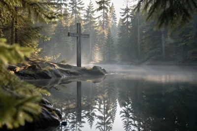 Wooden Cross Reflected in Evergreen Pond