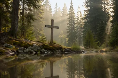 Wooden Cross Reflected in Still Forest Pond