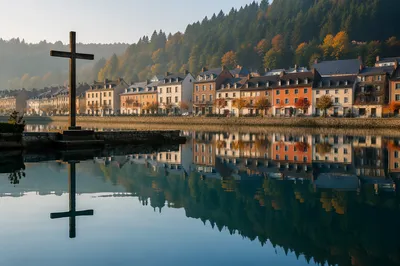 Wooden Cross Reflected in Serene Lakeside Water