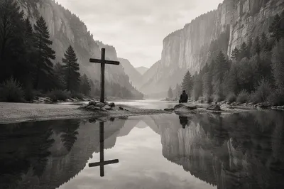 Wooden Cross Reflected in Canyon Water
