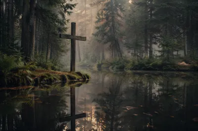 Wooden Cross Reflected in Misty Forest Pond