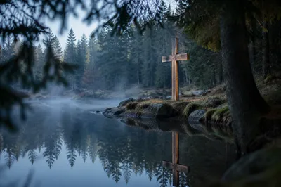 Wooden Cross Reflected in Evergreen Pond