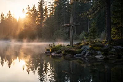 Weathered Cross Reflected in Forest Pond