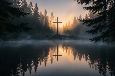 Wooden Cross Reflected at Evergreen Dawn