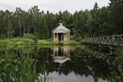 Cross Reflected in Evergreen Forest Pond