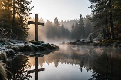 Wooden Cross Reflected in Evergreen Pond