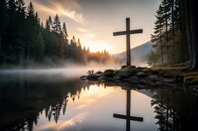 Wooden Cross Reflected in Misty Forest Pond