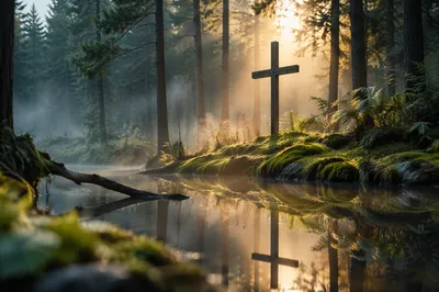 Wooden Cross Reflected in Evergreen Pond