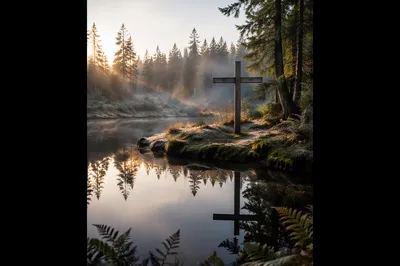 Wooden Cross Reflected in Forest Pond