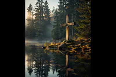 Wooden Cross Reflected in Evergreen Pond