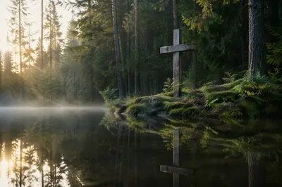 Wooden Cross Reflected in Still Forest Pond