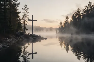 Wooden Cross Reflected in Misty Lake