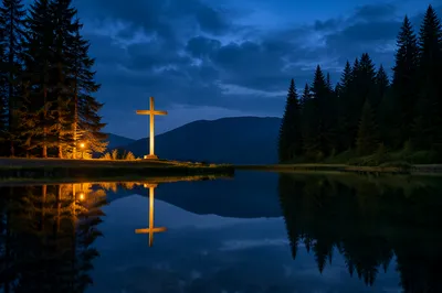 Wooden Cross Reflected in Quiet Evergreen Lake