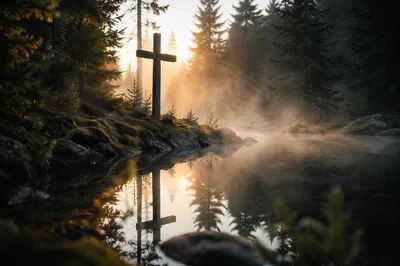 Wooden Cross Reflected in Evergreen Pond