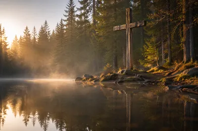 Cross Reflected in Still Forest Pond